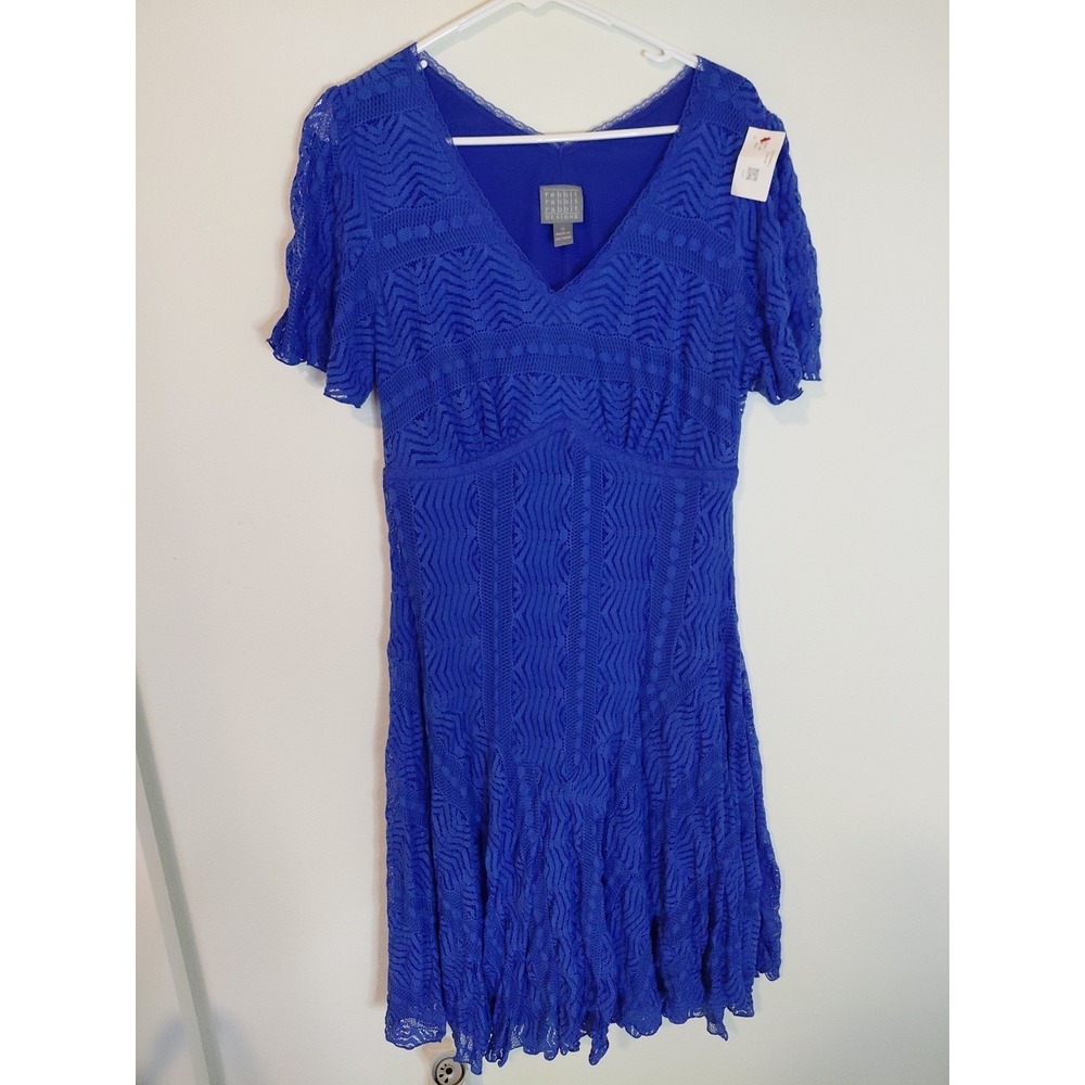 Rabbit Designs Lace Overlay Dress Short Sleeve  Size 14,Cobalt Blue Lined EUC, B